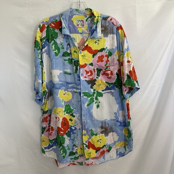 Jams World Mens LARGE Floral Hawaiian Tropical Flower Bouquet Print Button Down